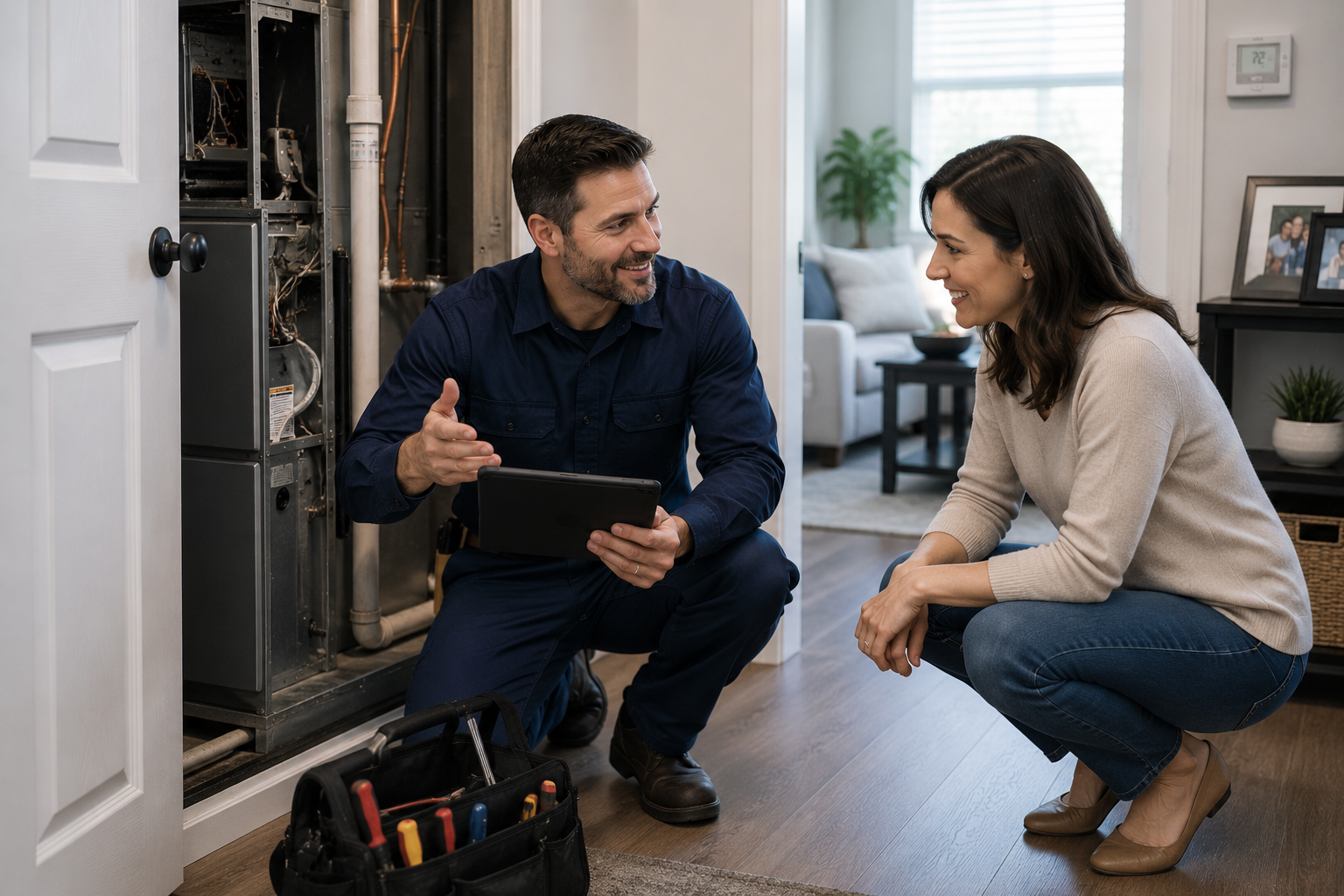 Home warranty service technician with homeowner